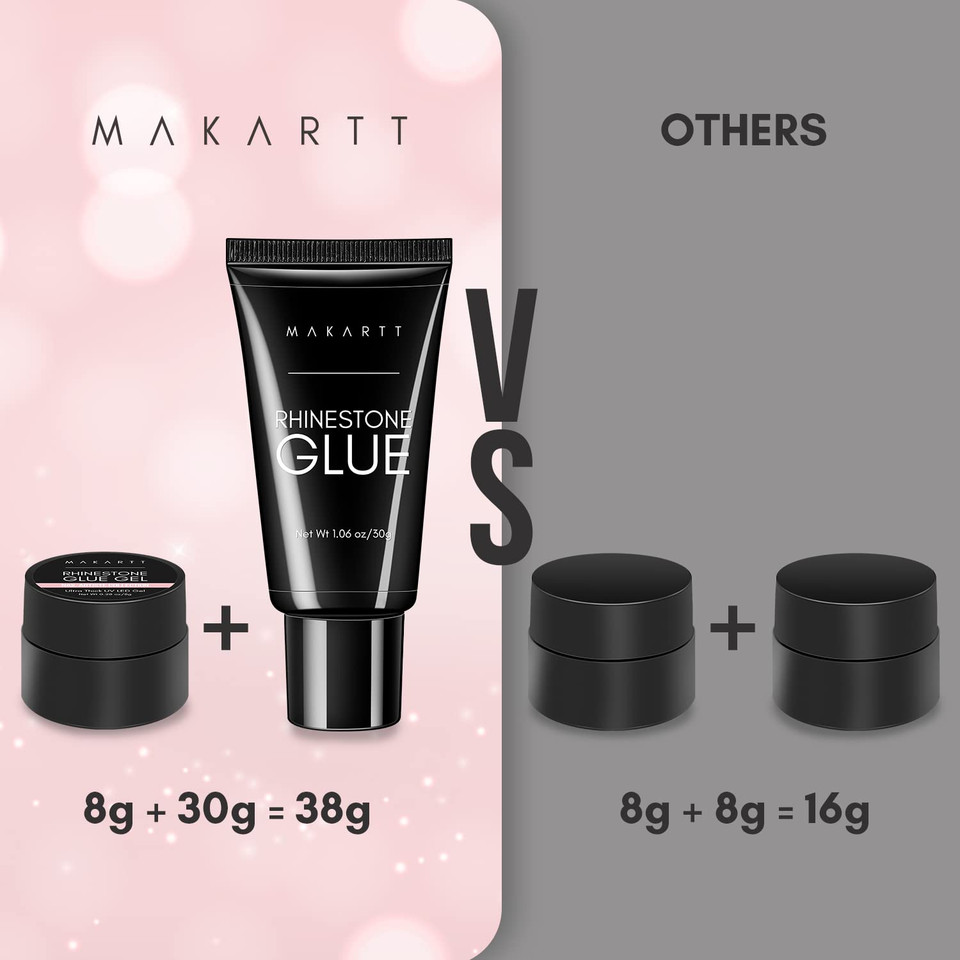 Makartt 2Pcs Nail Rhinestone Glue Gel With Brush Pen Set, 38Ml Clear Nail Gem Glue Gel Super Strong Adhesive Nail Art Glue Gel For Nail Decorations 3D Stones Charms Flowers(Nail Lamp Needed,8Ml+30Ml)