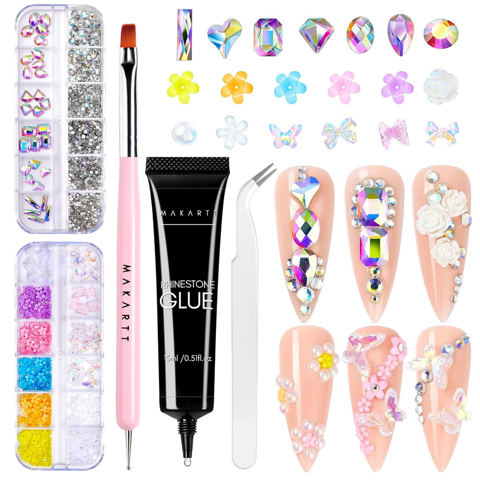 Makartt Nail Rhinestone Glue Kit, 15Ml Gel Nail Glue With Ab Rhinestone Crystals 3D Nail Art Halloween Decor Flowers Pearls Dual-End Nail Art Brush Tweezer Acrylic Nail Supply For Nail Techs Diy