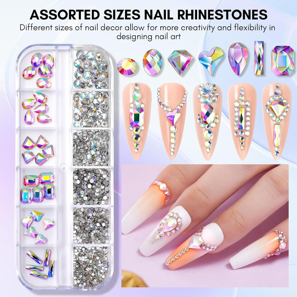 Makartt Nail Rhinestone Glue Kit, 15Ml Gel Nail Glue With Ab Rhinestone Crystals 3D Nail Art Halloween Decor Flowers Pearls Dual-End Nail Art Brush Tweezer Acrylic Nail Supply For Nail Techs Diy