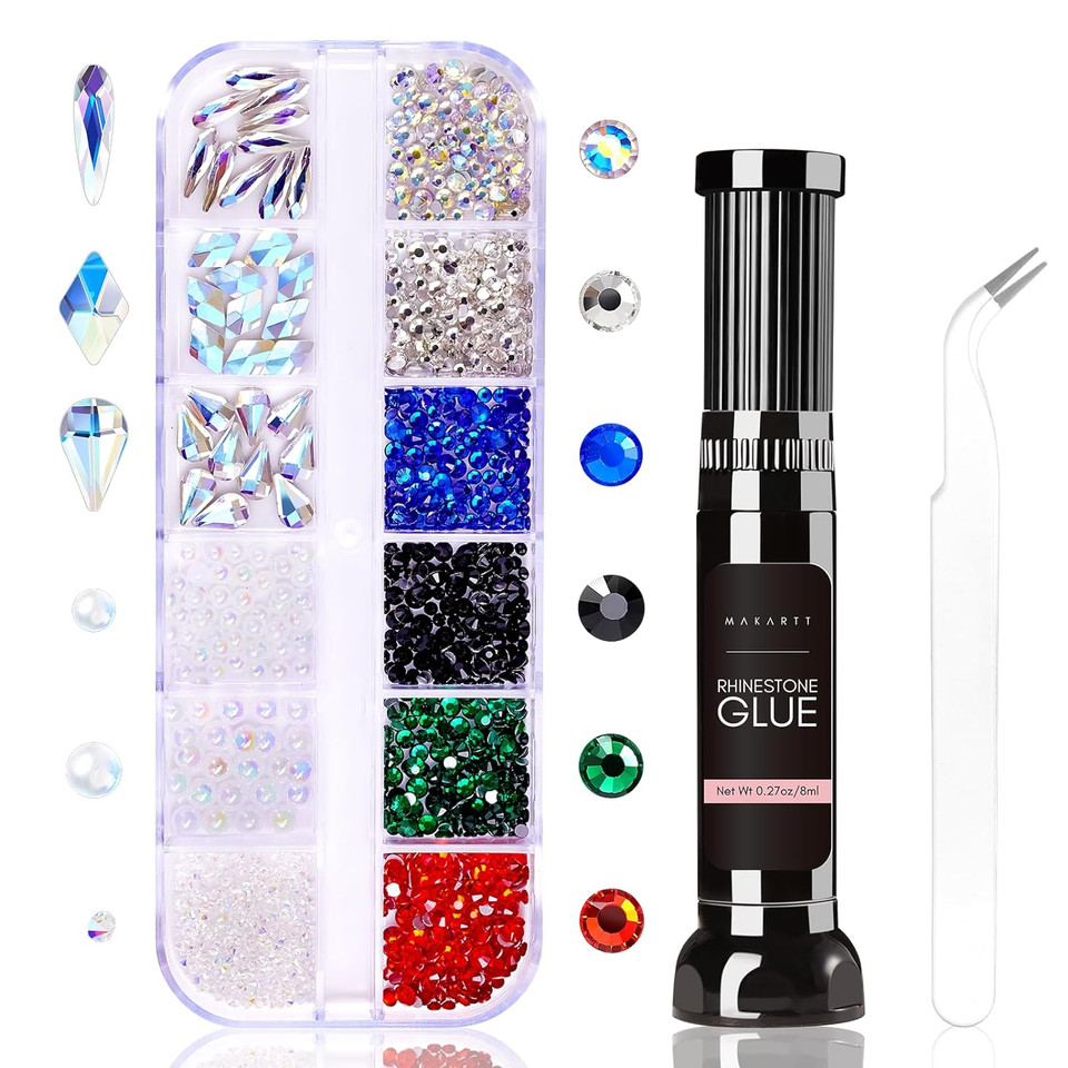 Makartt Nail Rhinestone Glue Kit, 8Ml Gel Nail Glue With Brush Precise Pen Tip With Mixed Color Rhinestones Pearls Diamond Beads Shine Iridescent Crystals Christmas Decor For Nail Art Diy At Home