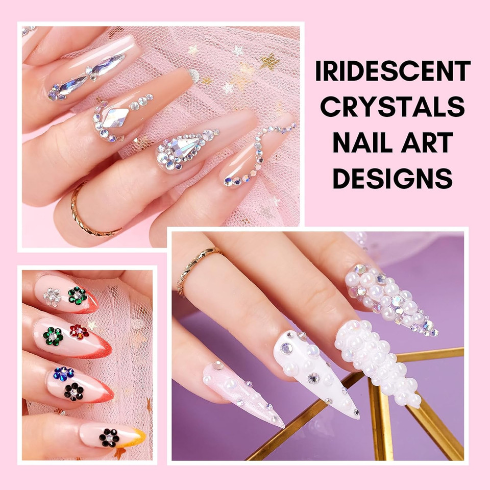 Makartt Nail Rhinestone Glue Kit, 8Ml Gel Nail Glue With Brush Precise Pen Tip With Mixed Color Rhinestones Pearls Diamond Beads Shine Iridescent Crystals Christmas Decor For Nail Art Diy At Home