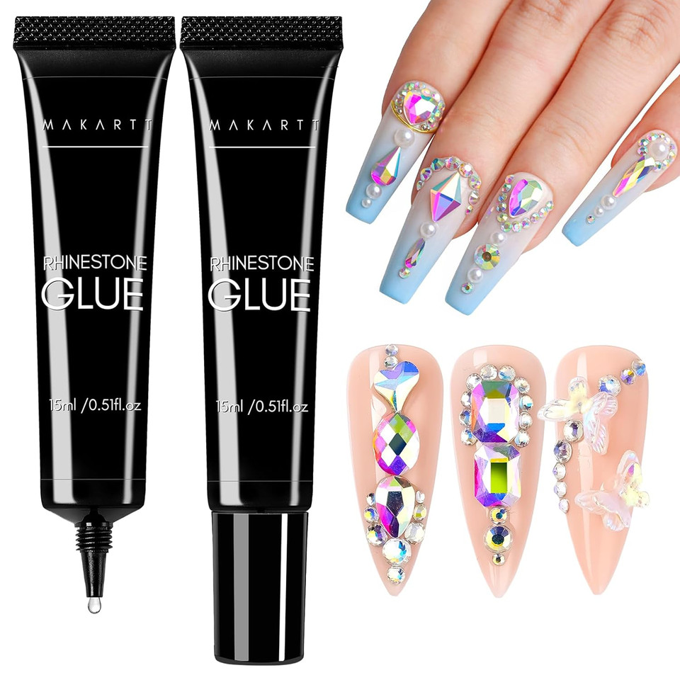 Makartt Nail Rhinestone Glue, Gel Nail Glue For Rhinestones For 3D Nails Super Strong Rhinestone Glue For Christmas Decoration Nail Art Jewel Crystal Beads Gems Diamonds Cure Need 2Pcs 15Ml Great Gift