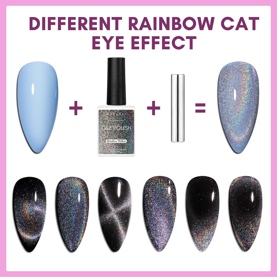 Makartt Gel Nail Polish, Universal Rainbow Cat Eye Gel Nail Polish 10Ml Holographic 9D Sparkly Hole Cat Eye Glitter Fall Gel Polish With Magnet Stick Soak Off Uv/Led Manicure Nail Art Designsshadow Walker