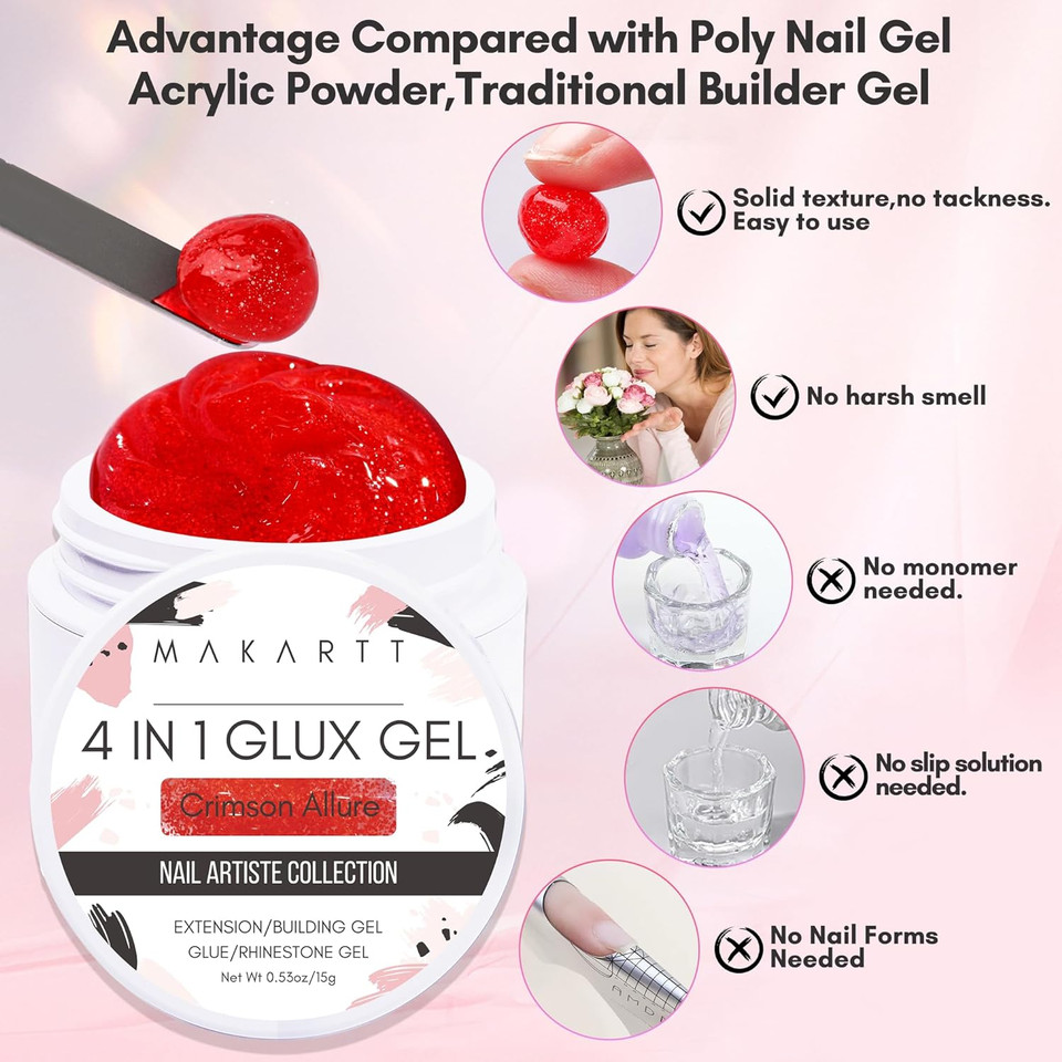 Makartt Solid Gel Builder For Nails,15Ml Red Fine Glitter Nail Extension 3D Gel Sculpting Nail Art Uv Nail Glue For Press On Nails Rhinestones Gel Molding Hard Gel Nail Lamp Required Crimson Allurecrimson Allure