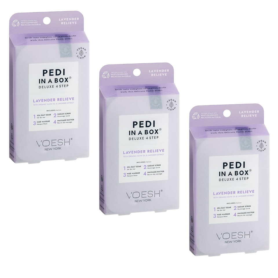 Voesh Pedi In A Box 4 Step Lavender - 3 Pack, Relaxing Spa Pedicure, At-Home Pedicure, Diy Pedi, Pedicure Supplies, Foot Care, Foot Spa, Vegan