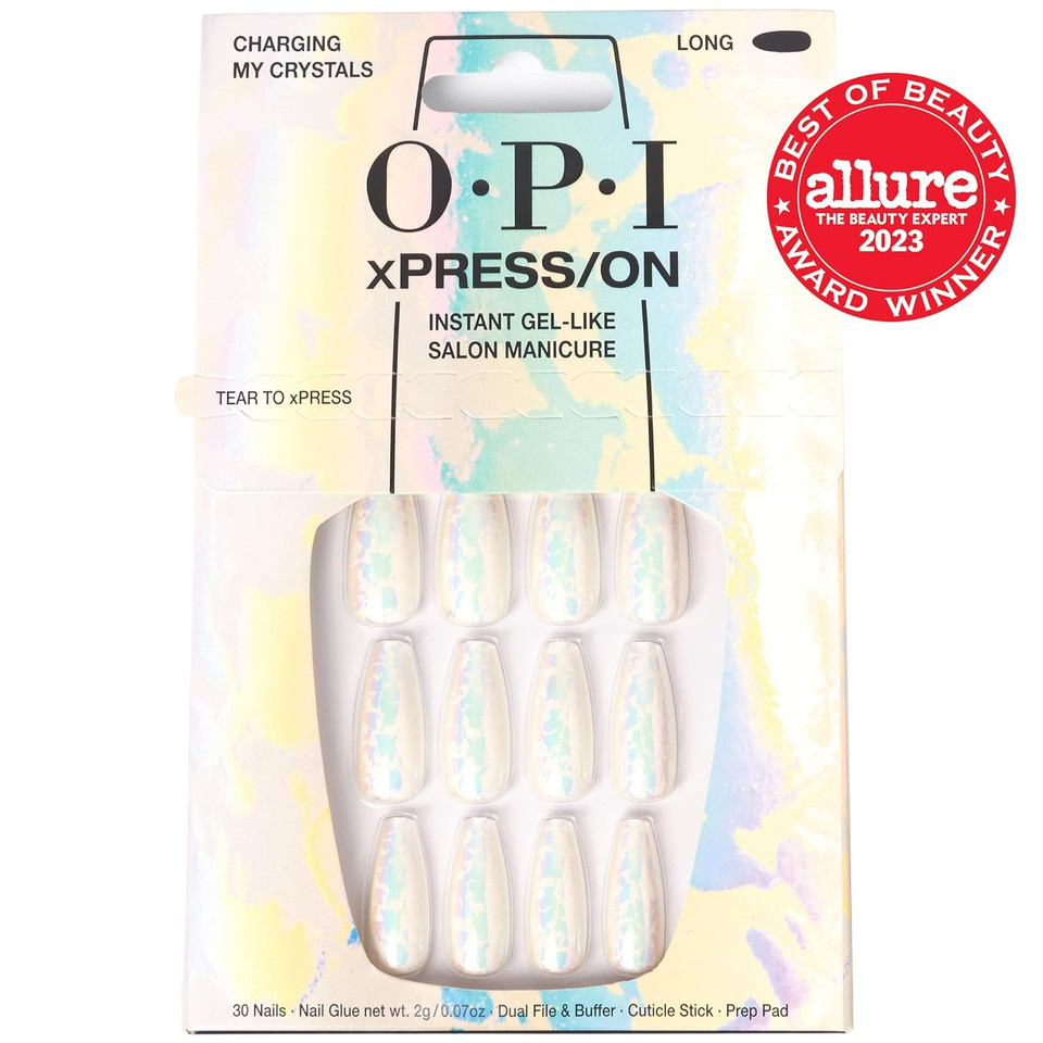 Opi Xpress/On Press On Nails, Up To 14 Days Of Gel-Like Salon Manicure, Vegan, Sustainable Packaging, With Nail Glue, Long Silver With Silver Iridescent Flake Coffin Shape Nails, Charging My Crystalscharging My Crystalslong