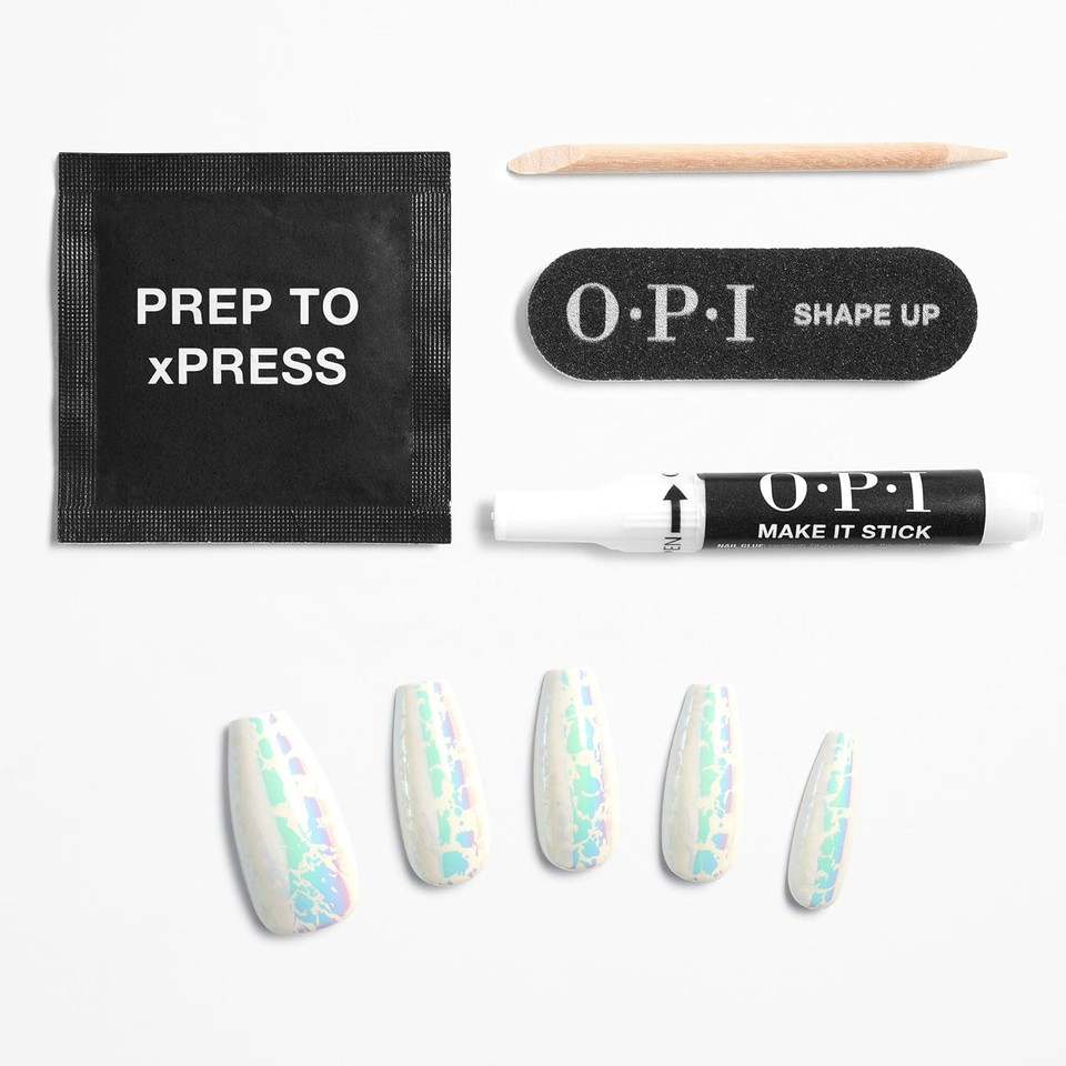Opi Xpress/On Press On Nails, Up To 14 Days Of Gel-Like Salon Manicure, Vegan, Sustainable Packaging, With Nail Glue, Long Silver With Silver Iridescent Flake Coffin Shape Nails, Charging My Crystalscharging My Crystalslong
