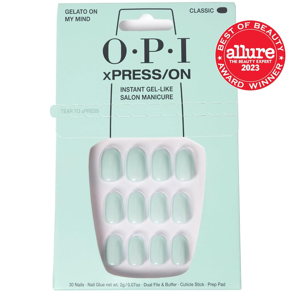 Opi Xpress/On Press On Nails, Up To 14 Days Of Wear, Gel-Like Salon Manicure, Vegan, Sustainable Packaging, With Nail Glue, Short Blue Nails, Gelato On My Mindgelato On My Mind
