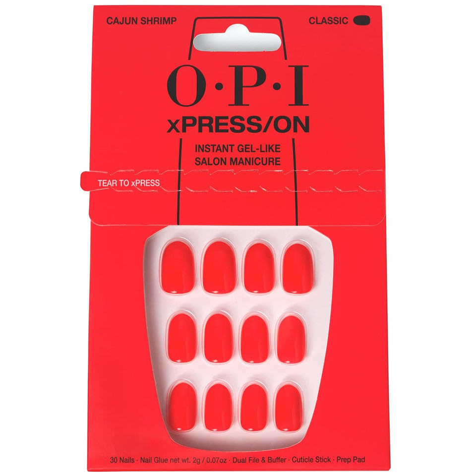 Opi Xpress/On Press On Nails, Up To 14 Days Of Wear, Gel-Like Salon Manicure, Vegan, Sustainable Packaging, With Nail Glue, Short Red Nails, Cajun Shrimpcajun Shrimp