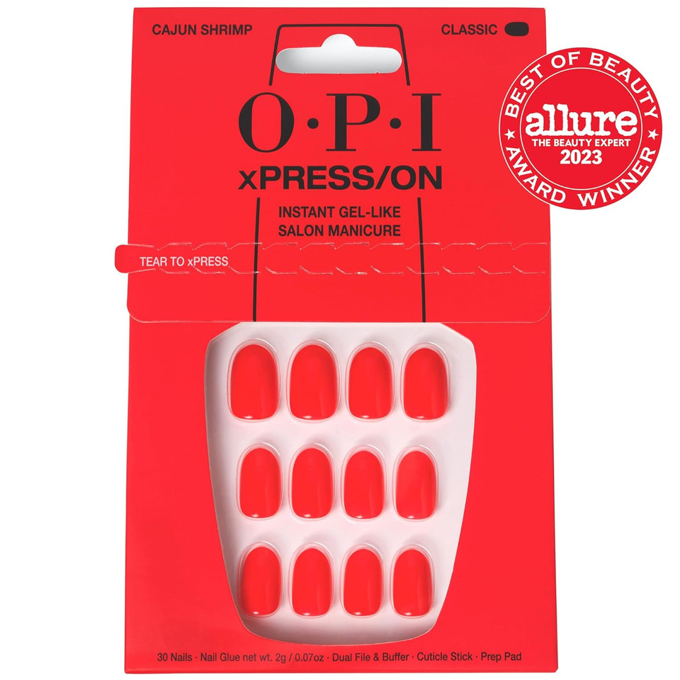 Opi Xpress/On Press On Nails, Up To 14 Days Of Wear, Gel-Like Salon Manicure, Vegan, Sustainable Packaging, With Nail Glue, Short Red Nails, Cajun Shrimpcajun Shrimp