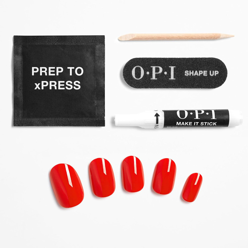 Opi Xpress/On Press On Nails, Up To 14 Days Of Wear, Gel-Like Salon Manicure, Vegan, Sustainable Packaging, With Nail Glue, Short Red Nails, Cajun Shrimpcajun Shrimp