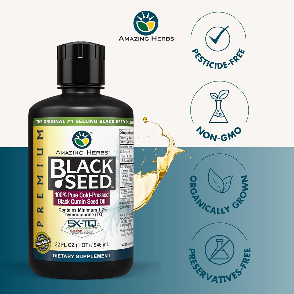 Amazing Herbs Premium Black Seed Oil - Cold Pressed Nigella Sativa Aids In Digestive Health, Immune Support, Brain Function, Joint Mobility, Gluten Free, Non Gmo - 32 Fl Oz32 Fl Oz (Pack Of 1)