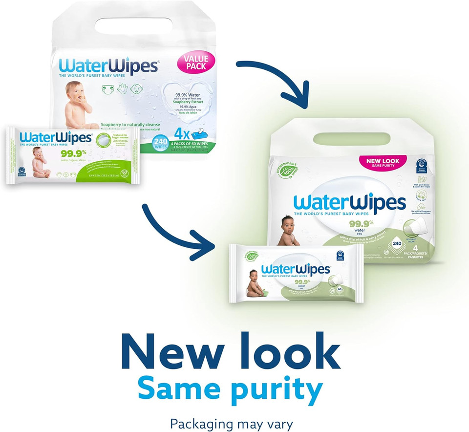 Waterwipes Plastic-Free Textured Clean, Toddler & Baby Wipes, 99.9% Water Based Wipes, Unscented & Hypoallergenic For Sensitive Skin, 240 Count (4 Packs), Packaging May Vary60 Count (Pack Of 4)