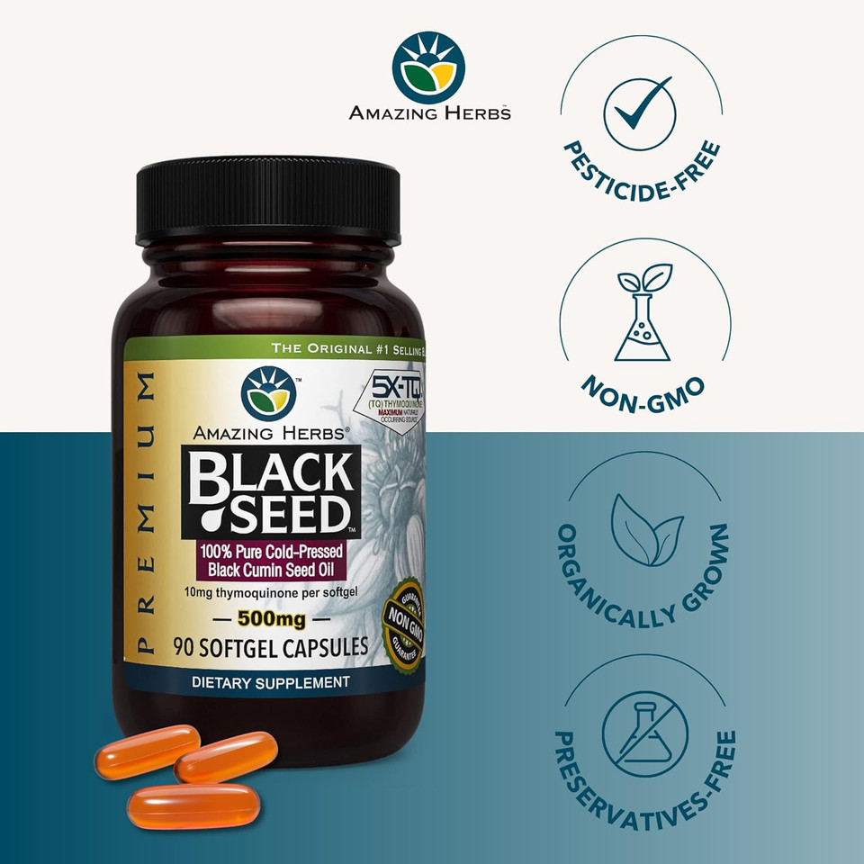 Amazing Herbs Premium Black Seed Oil Capsules - Cold Pressed Nigella Sativa Aids In Digestive Health, Immune Support, Brain Function, Gluten Free, Non Gmo - 90 Count, 500Mg Amazing Herbs Premium Black Seed Oil Capsules - Cold Pressed Nigella Sativa Aids In Digestive Health, Immune Support, Brain Function, Gluten Free, Non Gmo - 90 Count, 500Mg