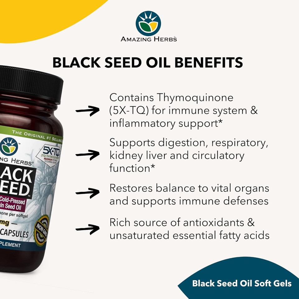 Amazing Herbs Premium Black Seed Oil Capsules - Cold Pressed Nigella Sativa Aids in Digestive Health, Immune Support, Brain Function, Gluten Free, Non GMO - 90 Count, 500mg