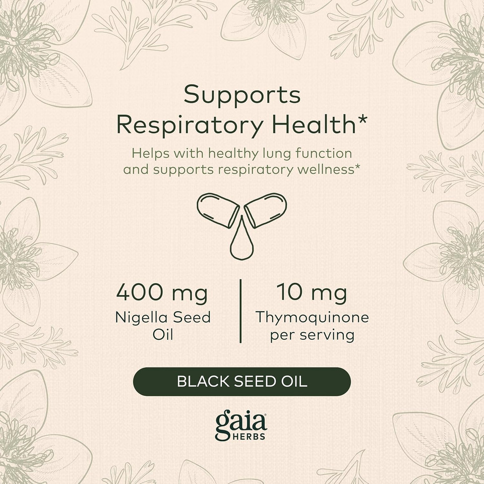 Gaia Herbs Black Seed Oil - Cold-Pressed Capsules For Lung, Respiratory, And Antioxidant Support - With Organic Nigella Seed Oil - Herbal Supplement - 60 Vegan Liquid Phyto-Capsules (30-Day Supply)