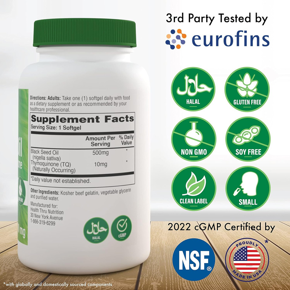 Health Thru Nutrition Black Seed Oil 500Mg Softgels | High Potency 2% Thymoquinone | 3Rd Party Tested | Pure Cold Pressed | Organically Grown | Non-Gmo, Gluten Free, Soy Free (Pack Of 360)