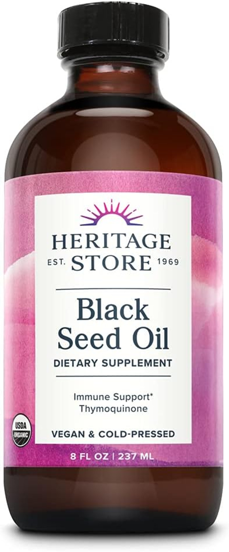 Heritage Store Black Seed Oil, Organic, Cold Pressed Nigella Sativa Supplement With Thymoquinone, Omega 3 6 9, Antioxidant, Immunity, Cholesterol, Digestive, Heart & Join Health Support*, Vegan, 8Oz8 Fl Oz (Pack Of 1)
