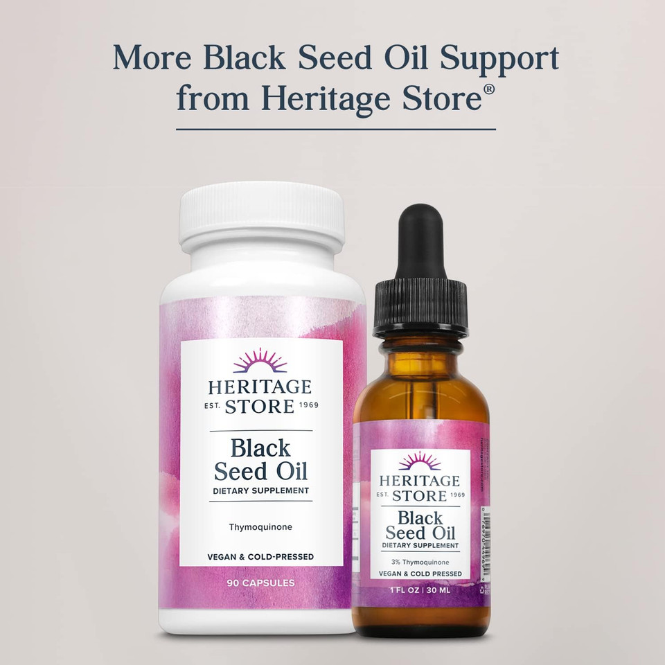 Heritage Store Black Seed Oil, Organic, Cold Pressed Nigella Sativa Supplement With Thymoquinone, Omega 3 6 9, Antioxidant, Immunity, Cholesterol, Digestive, Heart & Join Health Support*, Vegan, 8Oz8 Fl Oz (Pack Of 1)