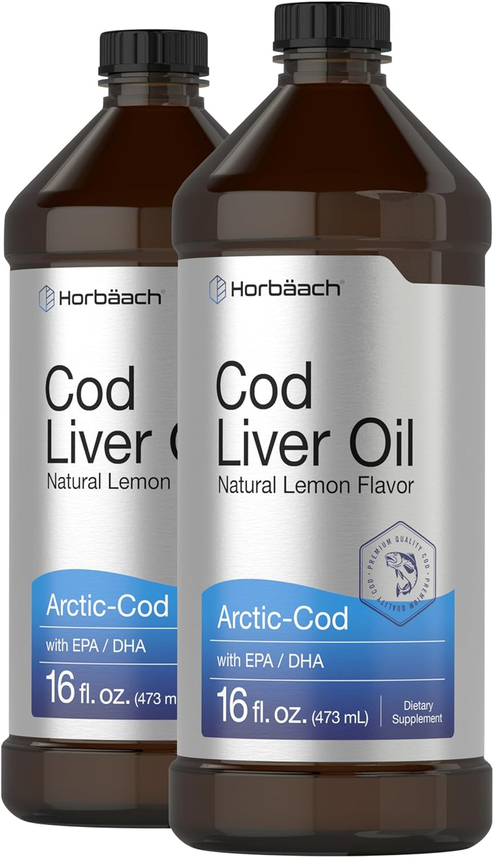 Arctic Cod Liver Oil with EPA/DHA | 2 x 16 fl oz | Natural Lemon Flavor | Non-GMO & Gluten Free Liquid Supplement | by Horbaach