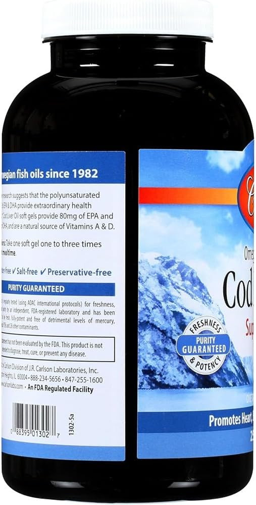 Carlson - Cod Liver Oil, Super 1000 Mg + Vitamins A & D3, Wild Norwegian, Sustainably Sourced, 100 Softgels