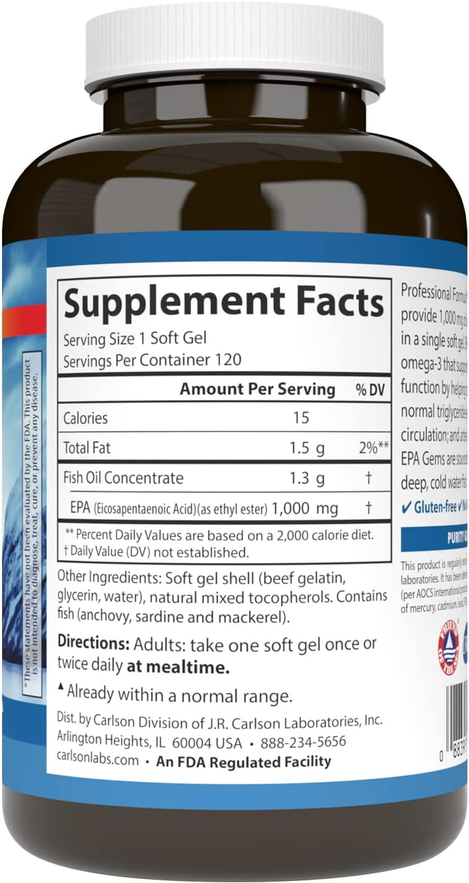 Carlson - Elite Epa Gems, 1000 Mg Epa Fish Oil, Wild-Caught, Norwegian Fish Oil, Sustainably Sourced, Helps Maintain Healthy Triglyceride Levels, 120 Softgels120 Count (Pack Of 1)