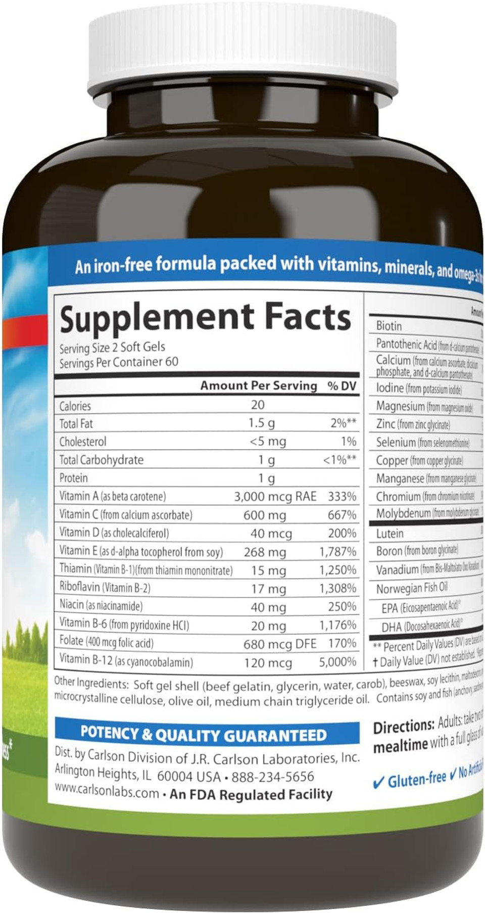 Carlson - Super-2-Daily, Multi + Omega-3S + Lutein + D3, Vitamins A C D E Plus Norwegian Fish Oil, Fish Oil Multivitamin, Vitamins & Minerals, Multivitamin With Lutein, 120 Softgels