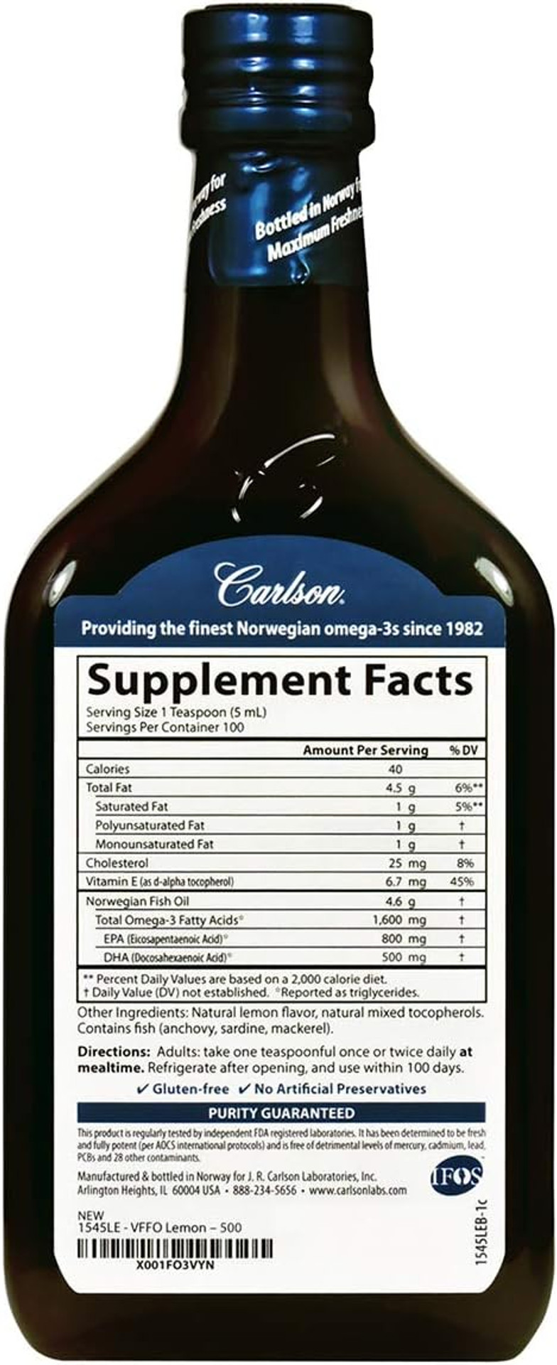 Carlson - The Very Finest Fish Oil, Special Edition, 1600 Mg Omega-3S, Liquid Supplement, Norwegian Fish Oil, Wild-Caught, Sustainably Sourced Liquid, Lemon, 500 Ml (16.9 Fl Oz)