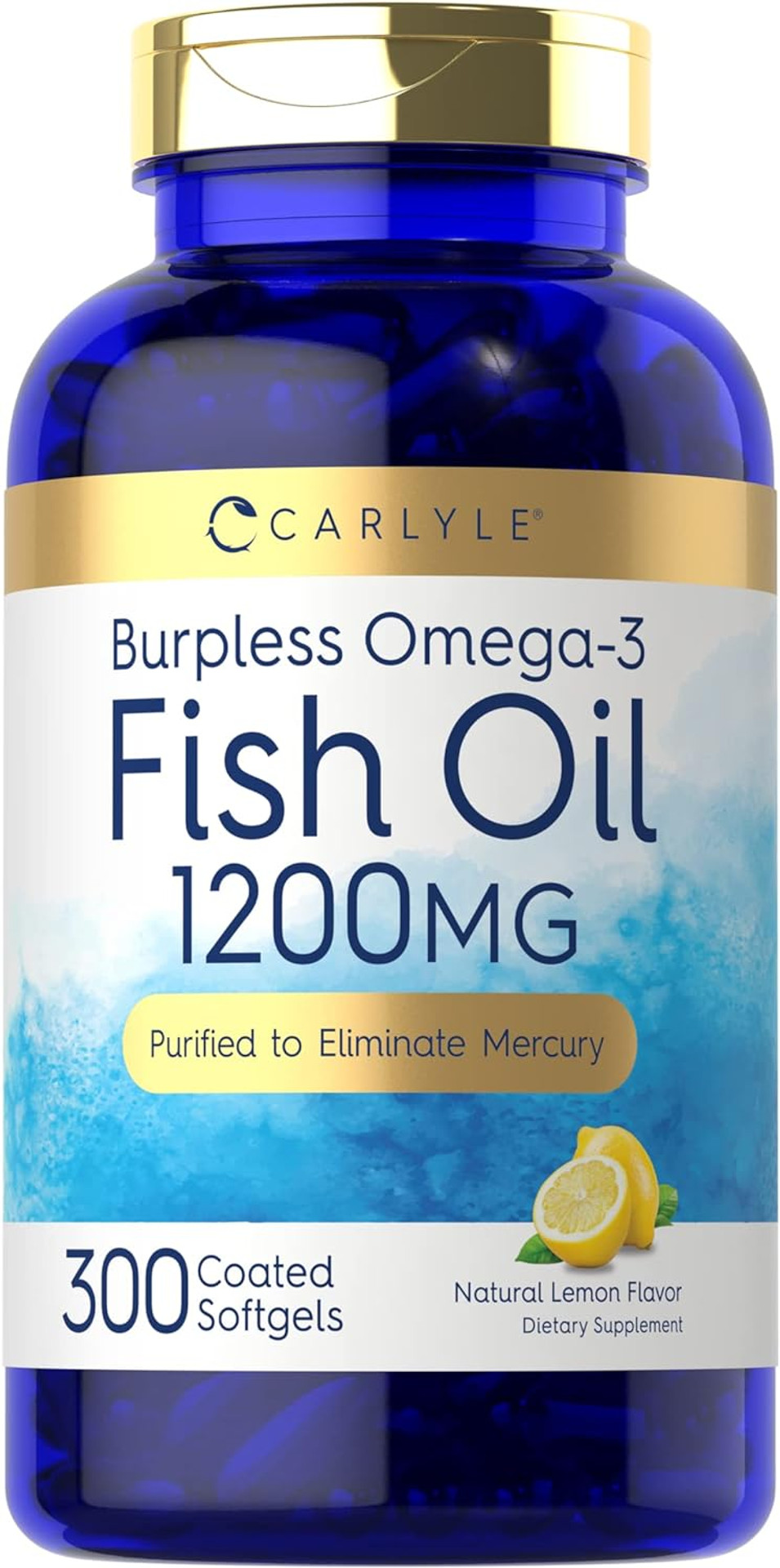 Carlyle Burpless Fish Oil 1200 Mg | 300 Softgels | With 360 Mg Omega-3 Fatty Acids | Natural Lemon Flavor | Non-Gmo, Gluten Free Supplement