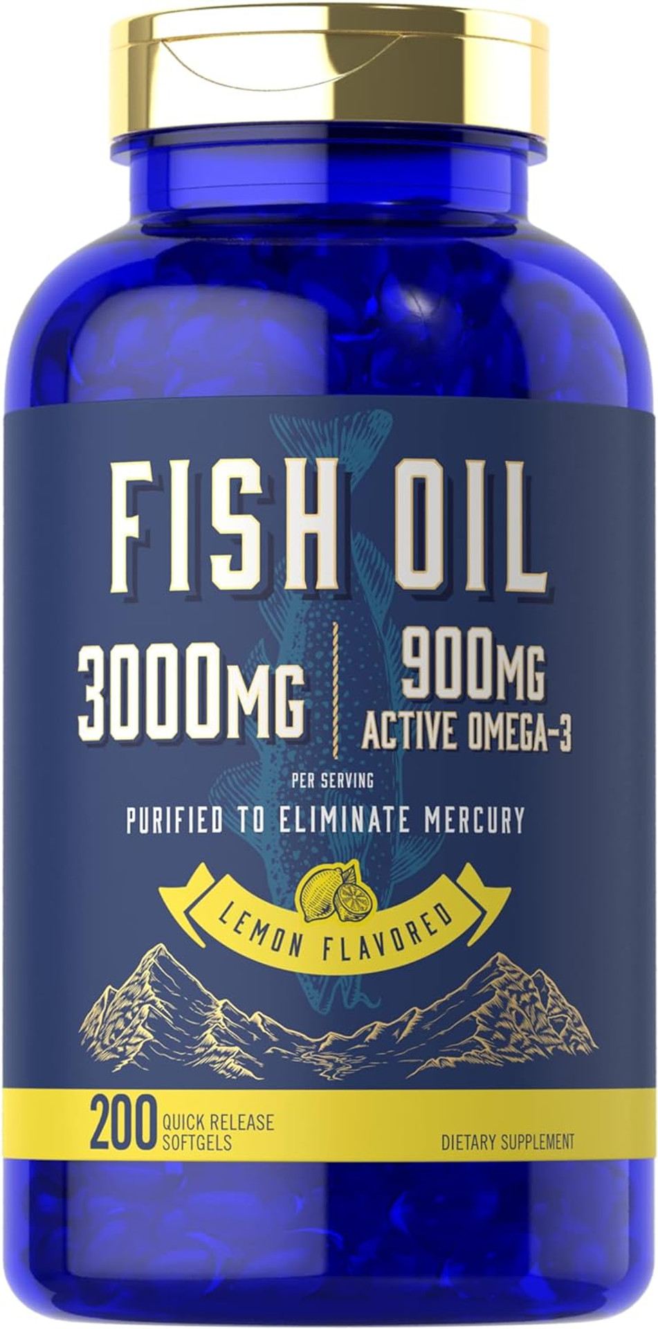 Fish Oil 3000Mg | 900Mg Omega 3 | 200 Softgels | Lemon Flavor | Non-Gmo And Gluten Free Supplement