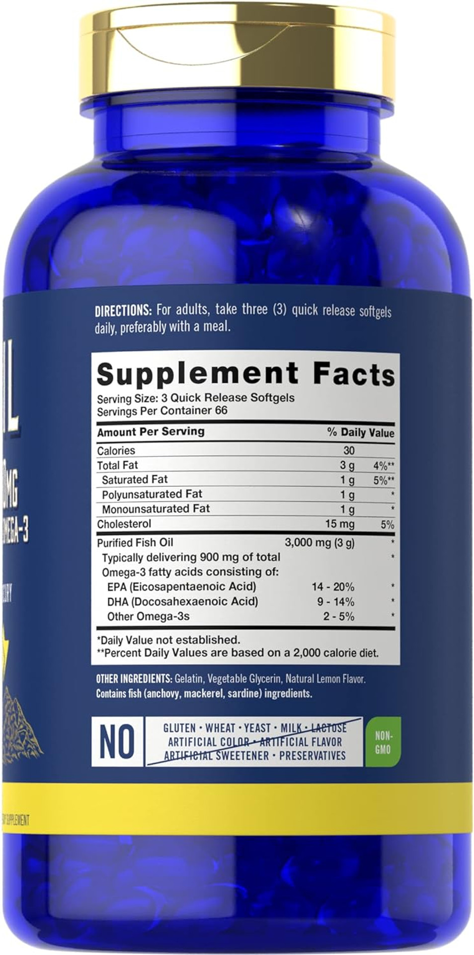 Fish Oil 3000Mg | 900Mg Omega 3 | 200 Softgels | Lemon Flavor | Non-Gmo And Gluten Free Supplement