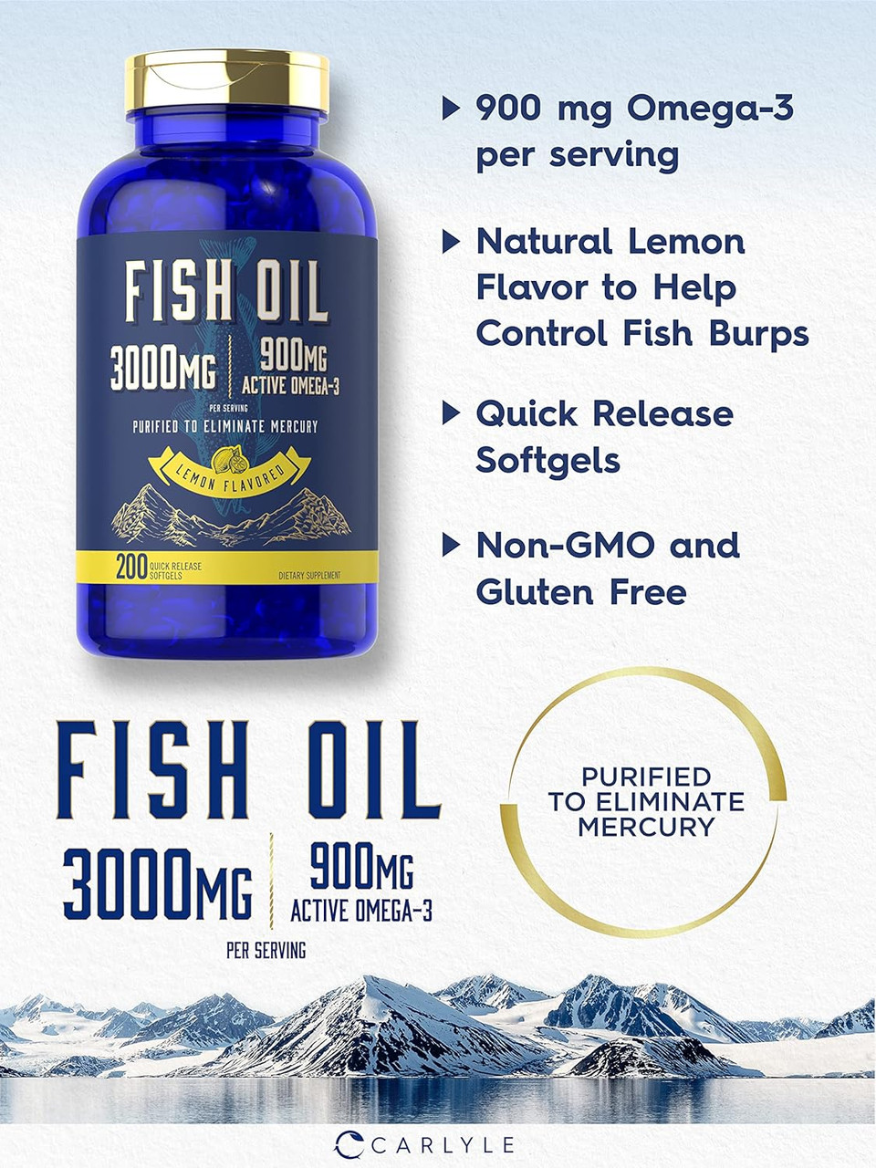 Fish Oil 3000Mg | 900Mg Omega 3 | 200 Softgels | Lemon Flavor | Non-Gmo And Gluten Free Supplement
