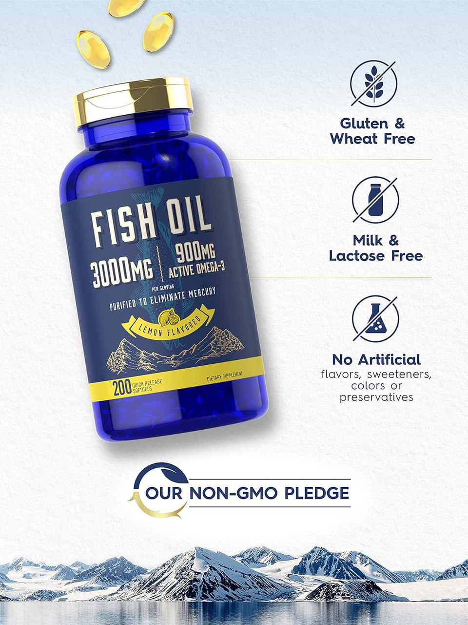 Fish Oil 3000Mg | 900Mg Omega 3 | 200 Softgels | Lemon Flavor | Non-Gmo And Gluten Free Supplement