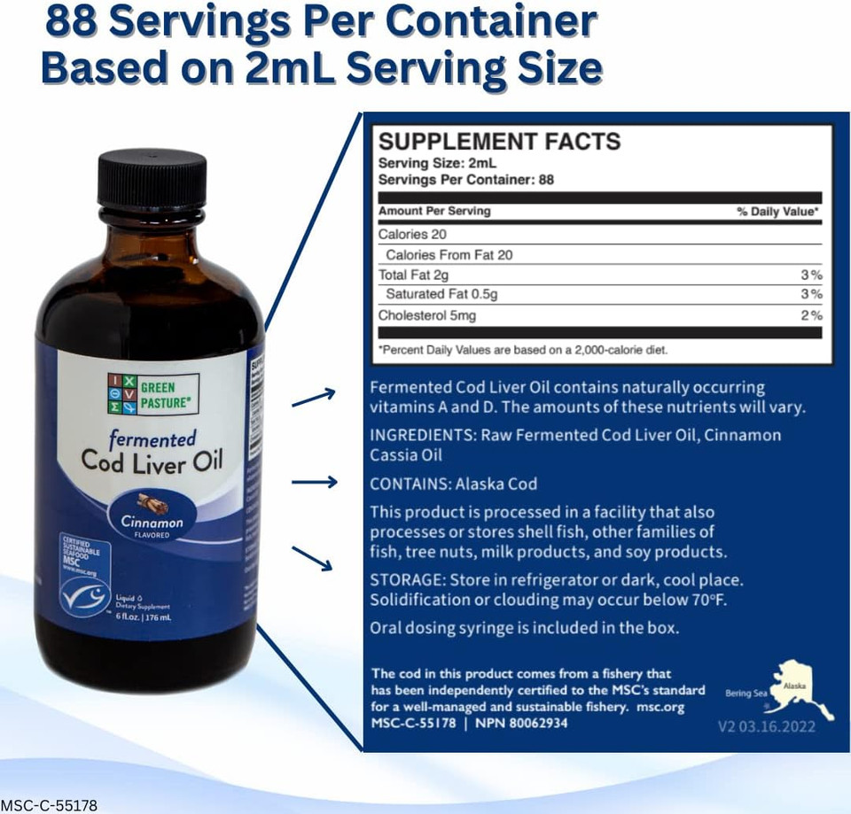 Green Pasture - Fermented Cod Liver Oil Liquid - 6 Fl. Oz. Vitamin A Vitamin D Omega 3 Omega 6 Omega 9 (6Oz Cinnamon)