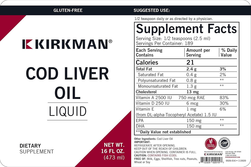 Kirkman Cod Liver Oil Liquid - Unflavored 16Oz