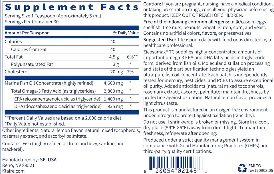 Klaire Labs Eicosamax Tg Fish Oil - Ultra Pure Omega-3 Fish Oil Pills With Epa/Dha - Sustainably Sourced - Natural Lemon Flavor For No Fishy Burps Or Aftertaste (30 Servings / 5 Fl Oz)