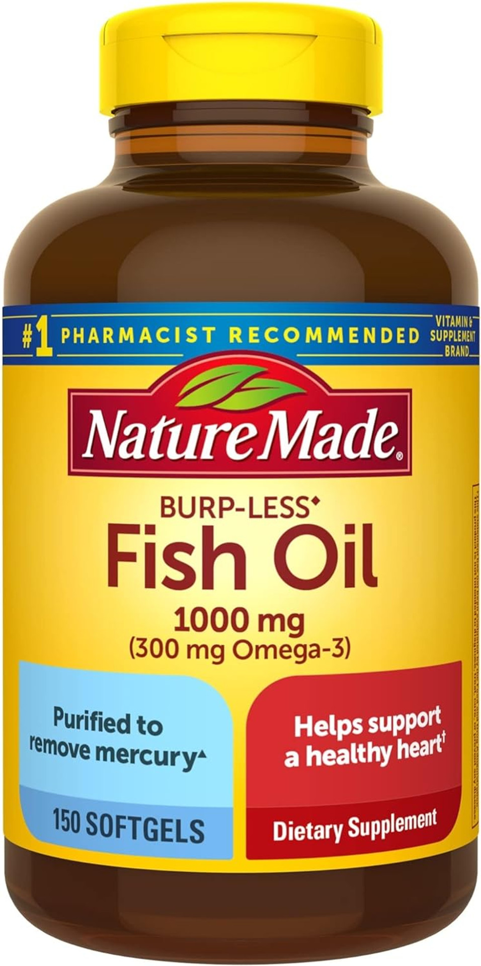 Nature Made Burp Less Fish Oil 1000 Mg Softgels, Omega 3 Fish Oil Supplements For Healthy Heart Support, Omega 3 Supplement With 150 Softgels, 75 Day Supply150 Count (Pack Of 1)