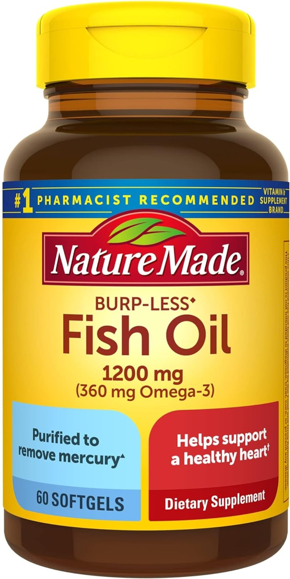 Nature Made Burp Less Fish Oil 1200 Mg, Fish Oil Supplements, Omega 3 Fish Oil For Healthy Heart Support, Omega 3 Supplement With 60 Softgels, 30 Day Supply60 Count