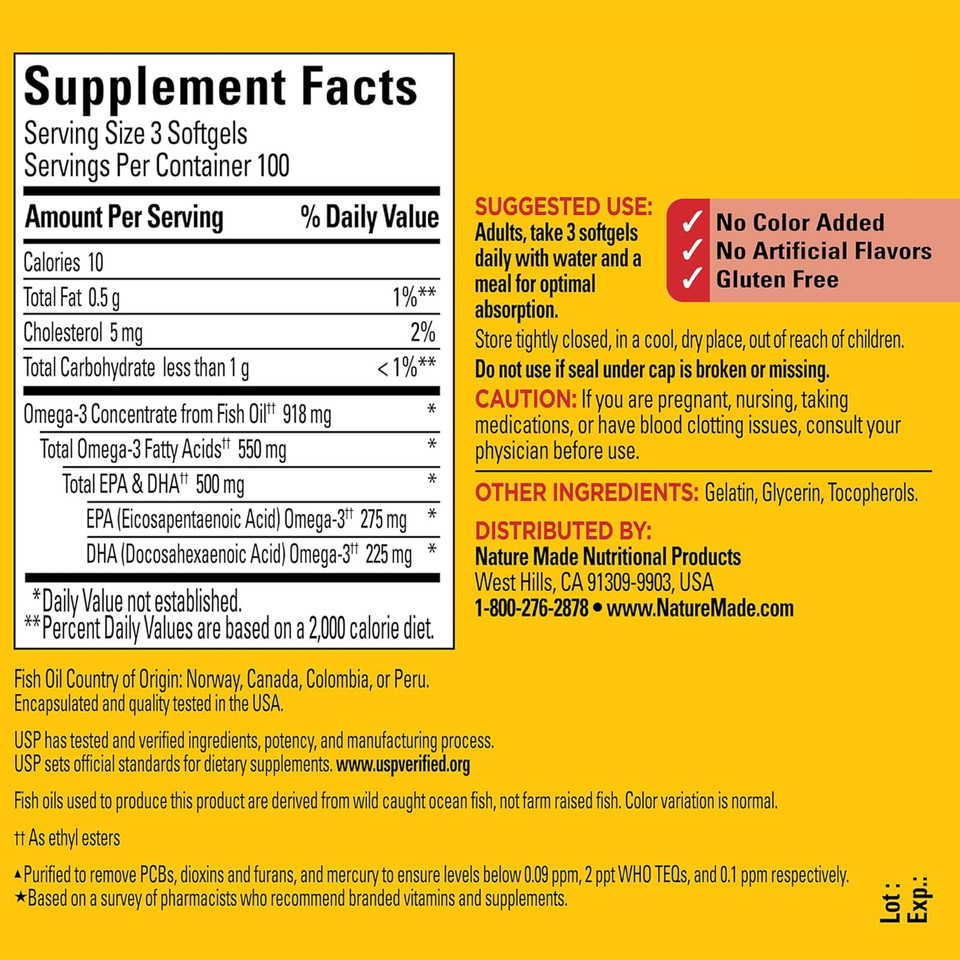 Nature Made Omega 3 Fish Oil Pearls 550 Mg Per Serving, Small Size Fish Oil Supplements As Ethyl Esters, Omega 3 Supplement For Healthy Heart Support, 300 Softgels, 100 Day Supply