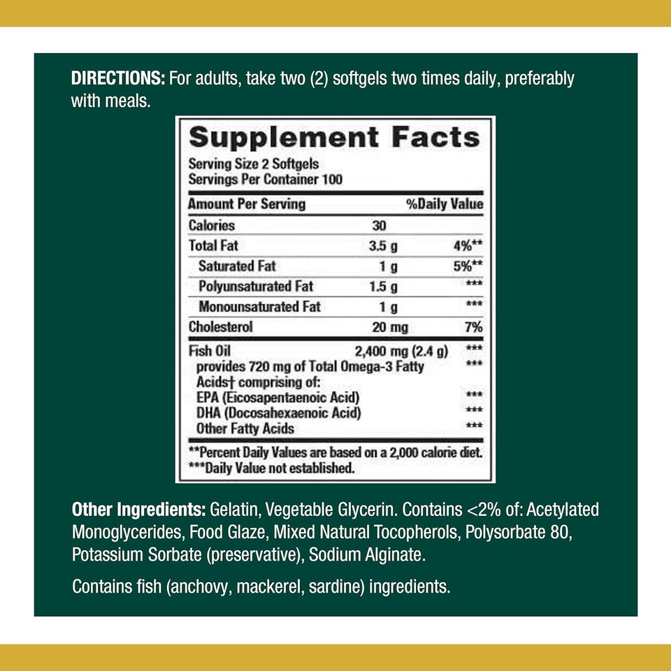 Nature'S Bounty Fish Oil, 1200Mg, 360Mg Of Omega-3, 200 Coated Softgels