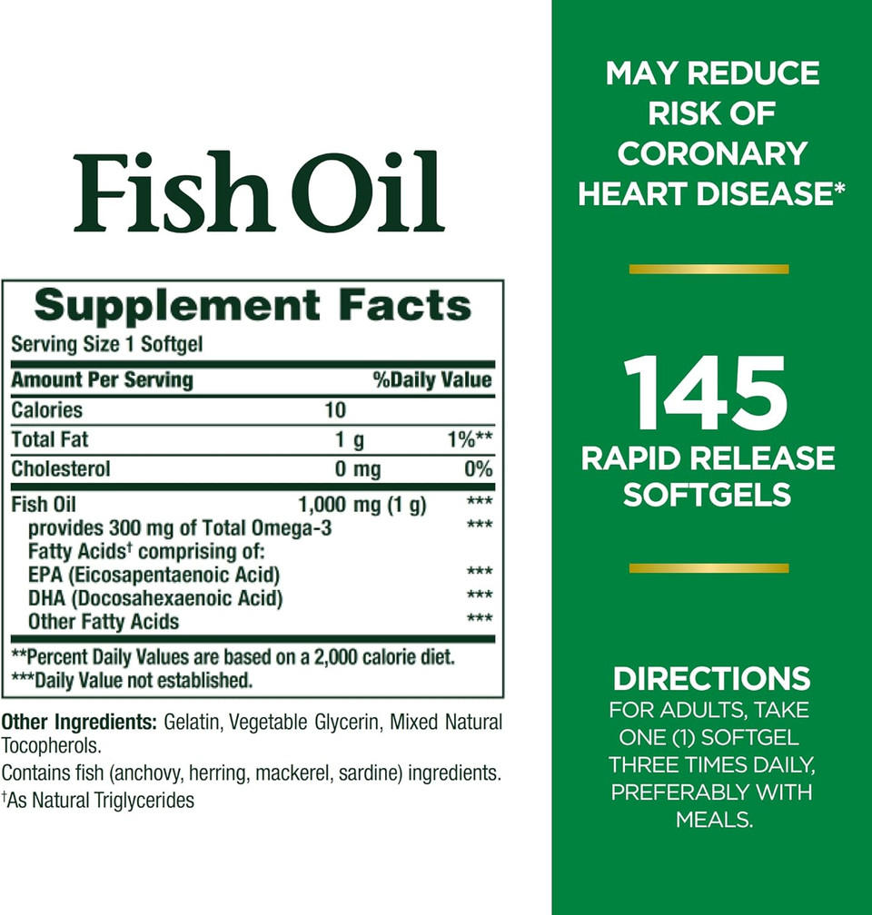 Nature'S Bounty Fish Oil, Supports Heart Health, 1000Mg, Rapid Release Softgels, 145 Ct145 Count (Pack Of 1)