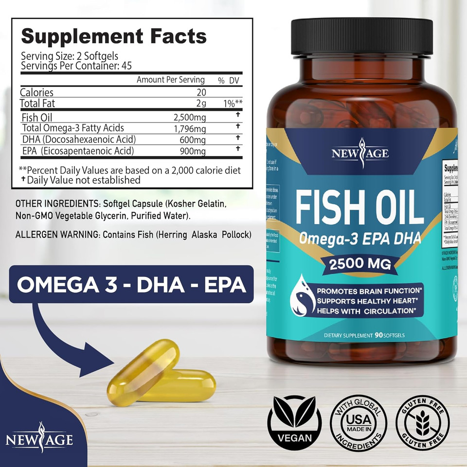 New Age Omega 3 Fish Oil 2500Mg Supplement Immune & Helath Support  Promotes Joint, Eye & Skin Health - Non Gmo - Epa, Dha Fatty Acids Gluten Free (180 Softgels (Pack Of 2))