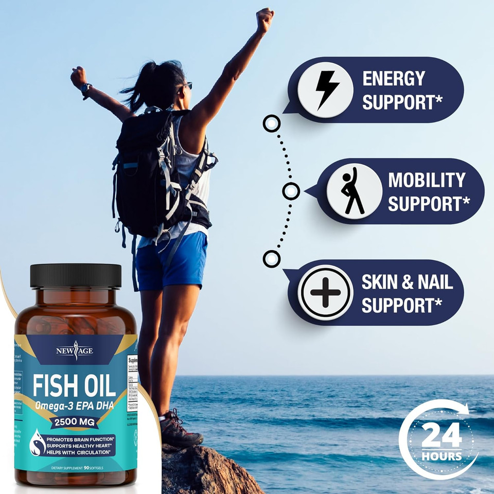 New Age Omega 3 Fish Oil 2500Mg Supplement Immune & Helath Support  Promotes Joint, Eye & Skin Health - Non Gmo - Epa, Dha Fatty Acids Gluten Free (180 Softgels (Pack Of 2))