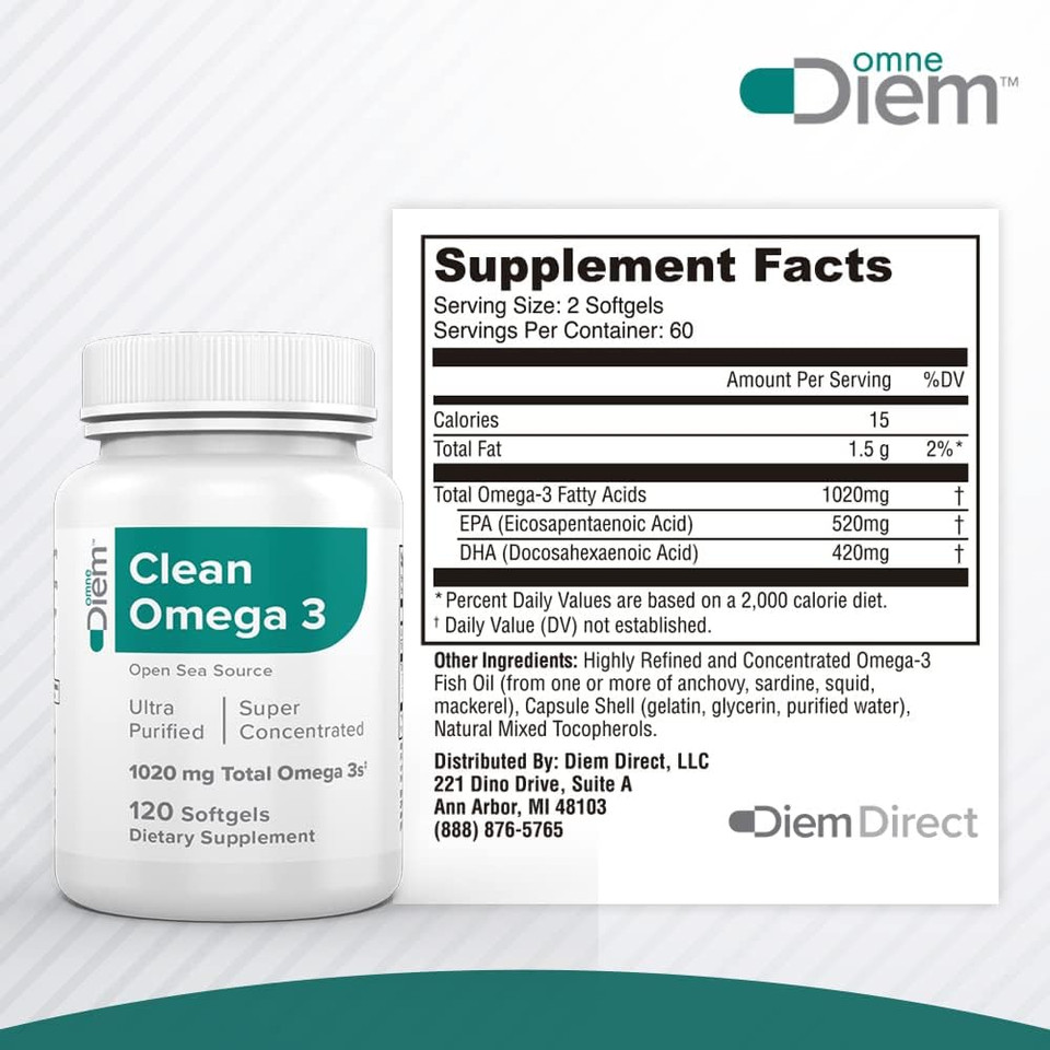 Omne Diem Clean Omega 3  1020Mg, 120 Softgel Capsules  Fish Oil Dietary Supplement With Omega-3 Fatty Acids: Epa & Dha