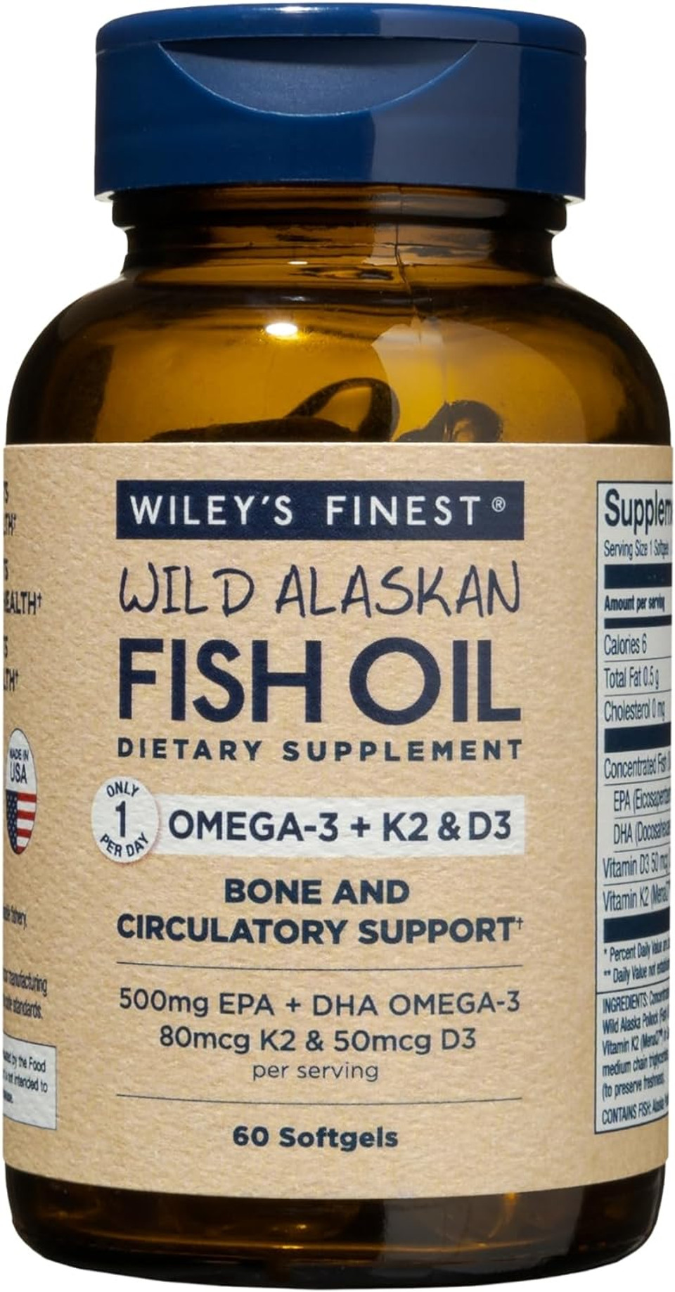 Wiley's Finest Wild Alaskan Fish Oil Vitamin K2 Softgels - 500mg of EPA and DHA Omega-3s for Bone and Heart Health Support - 60 Softgels (60 Servings)