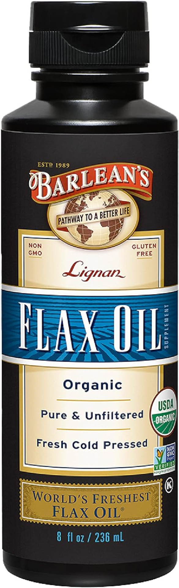 Barlean'S Organic Lignan Flaxseed Oil Liquid Supplement From Cold Pressed Flax Seeds, 7,230 Mg Ala Omega-3 Fatty Acids For Skin And Hair Care, Vegan & Gluten Free, 8 Oz