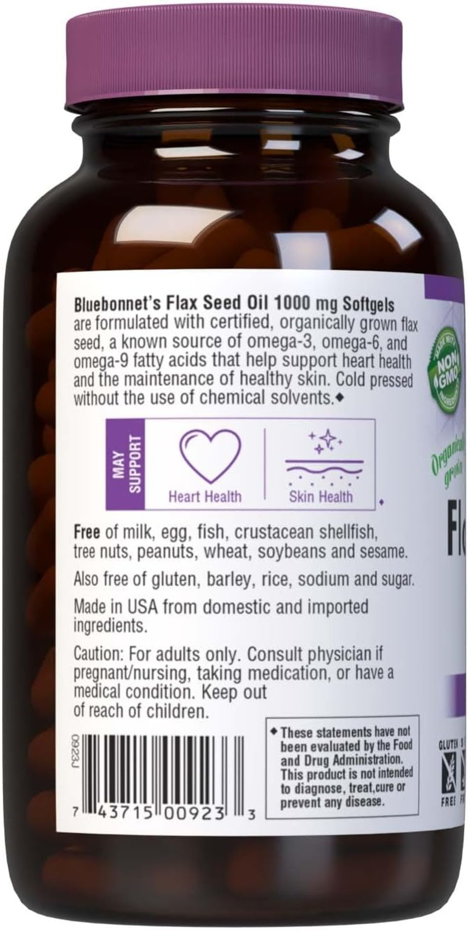 Bluebonnet Nutrition Flax Seed Oil Certified Organic 1000 Mg, 250 Softgels