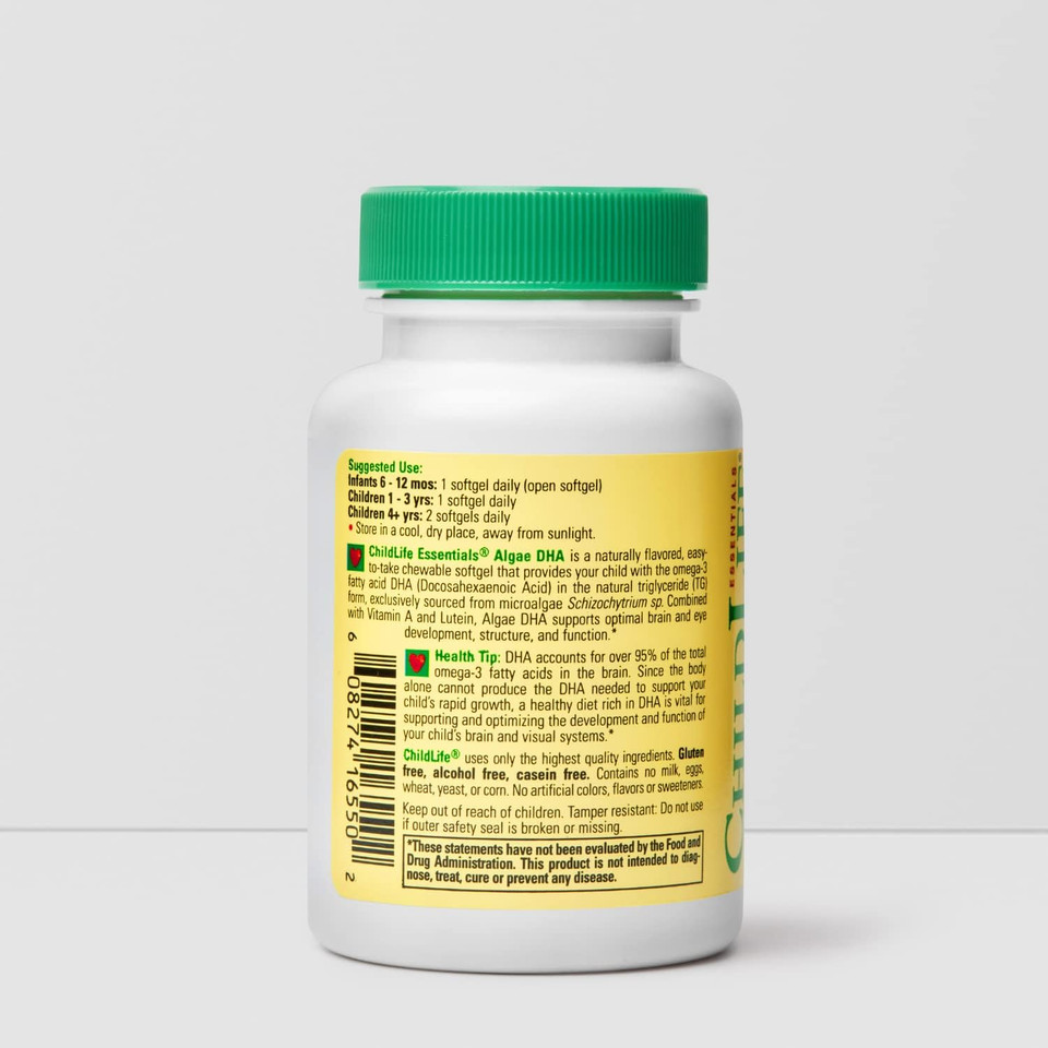 Childlife Essentials Algae Dha With Vitamin A & Lutein - Algae Dha Omega 3 Supplement, Chewable Dha For Kids, Supports Healthy Brain & Eye Development - Natural Berry Flavor, 60 Softgels