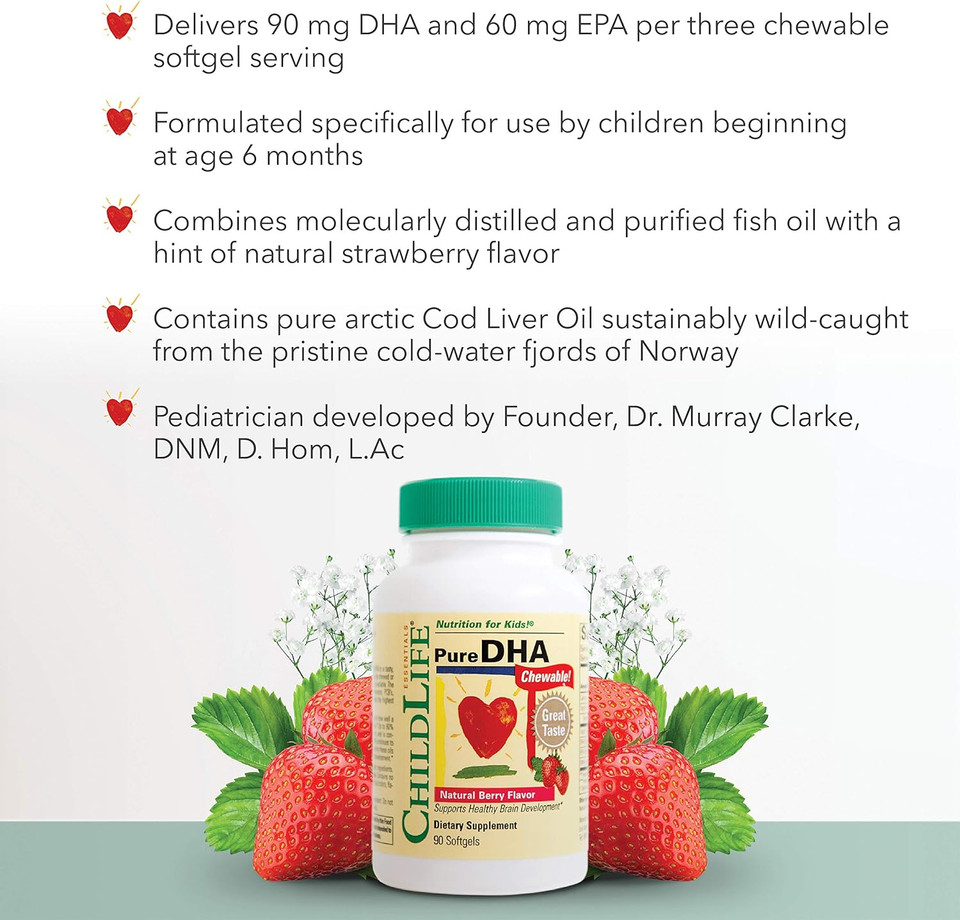 Childlife Essentials Pure Dha Dietary Supplement - Dha For Infants & Kids, Supports Healthy Brain Growth & Function, All-Natural, Gluten-Free, Dha Supplement - Strawberry Flavor, 90 Count (1 Pack)