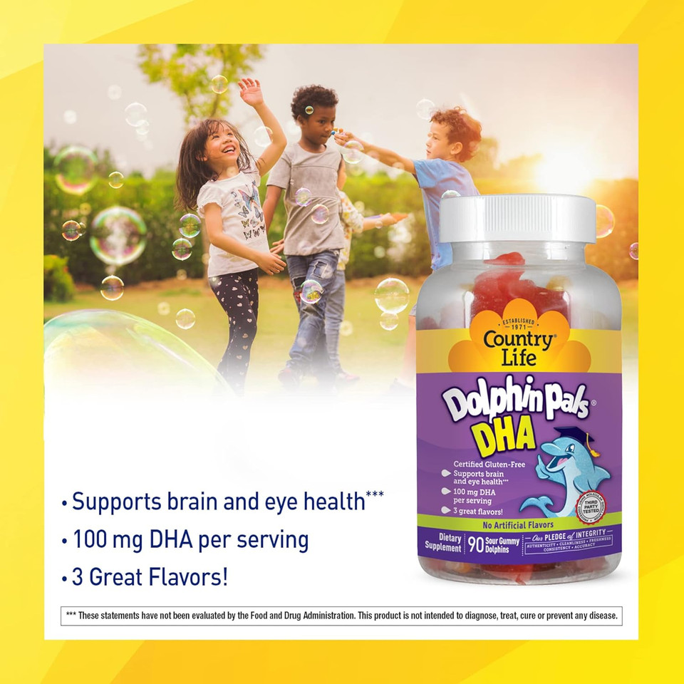 Country Life Dolphin Pals Dha Gummies For Kids, 100Mg Dha, 20Mg Epa, 90 Gummies, Certified Gluten Free